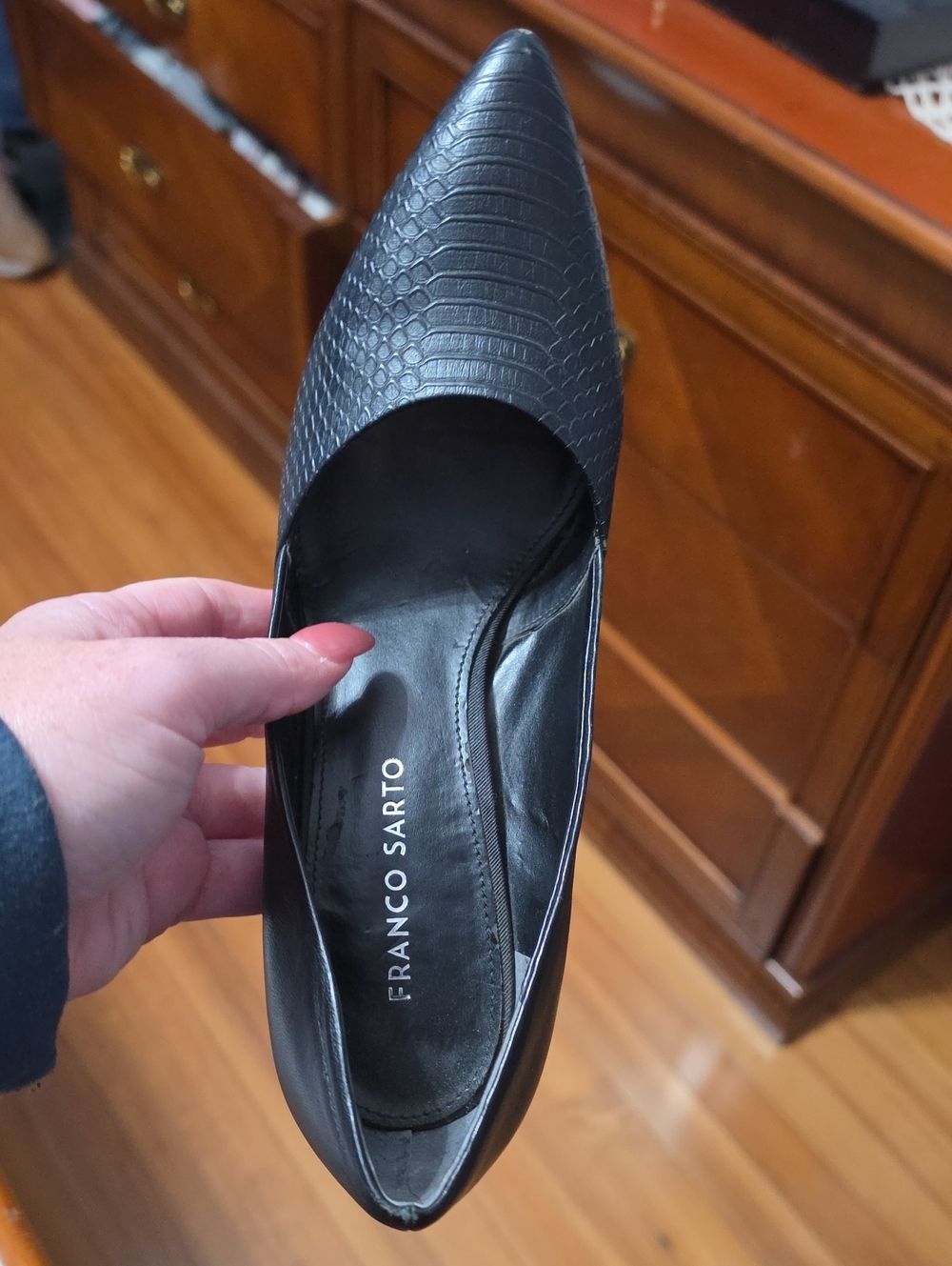 Franco Sarto Black Croc-Embossed Pointed Toe Flat